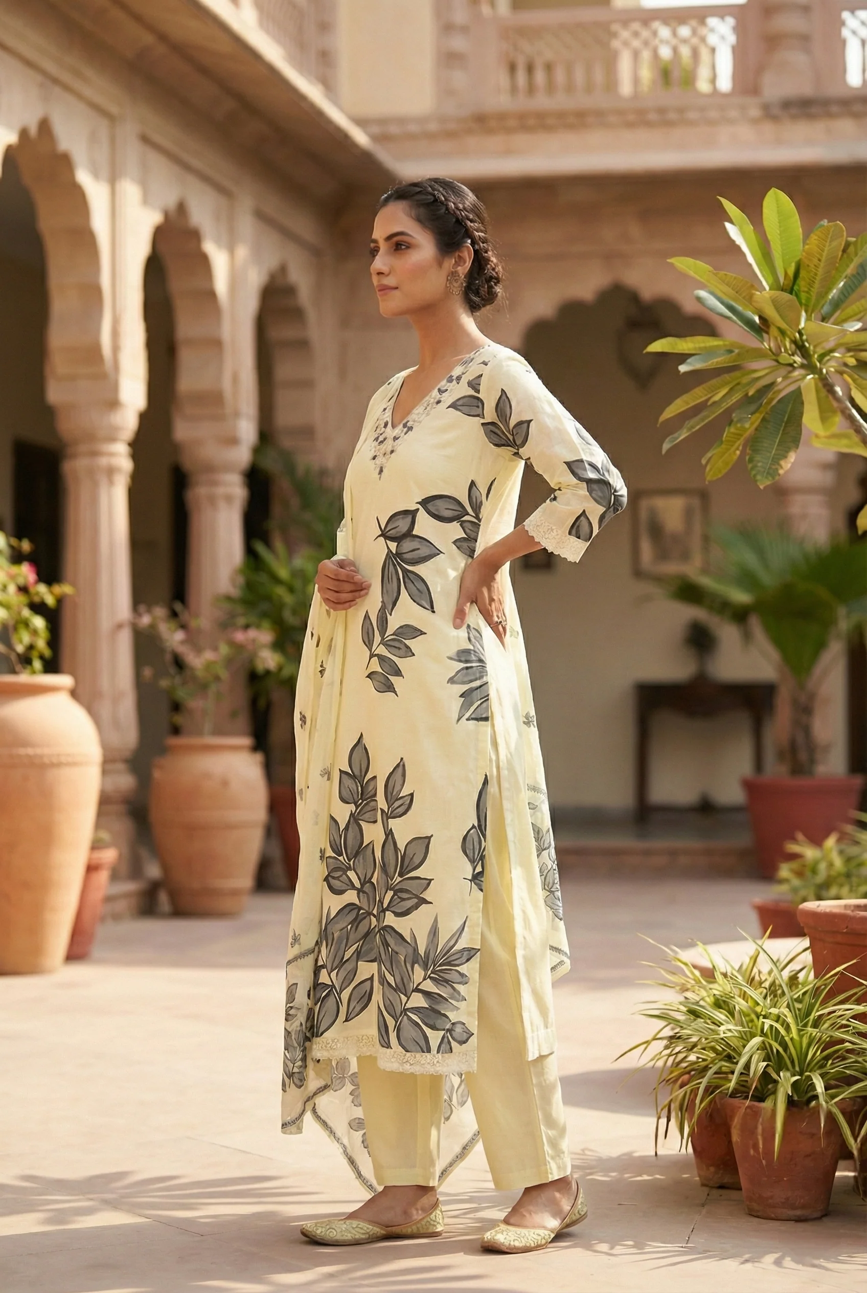 Grey Cotton Beads And Sequins Embroidered Three Piece Set - Image 2