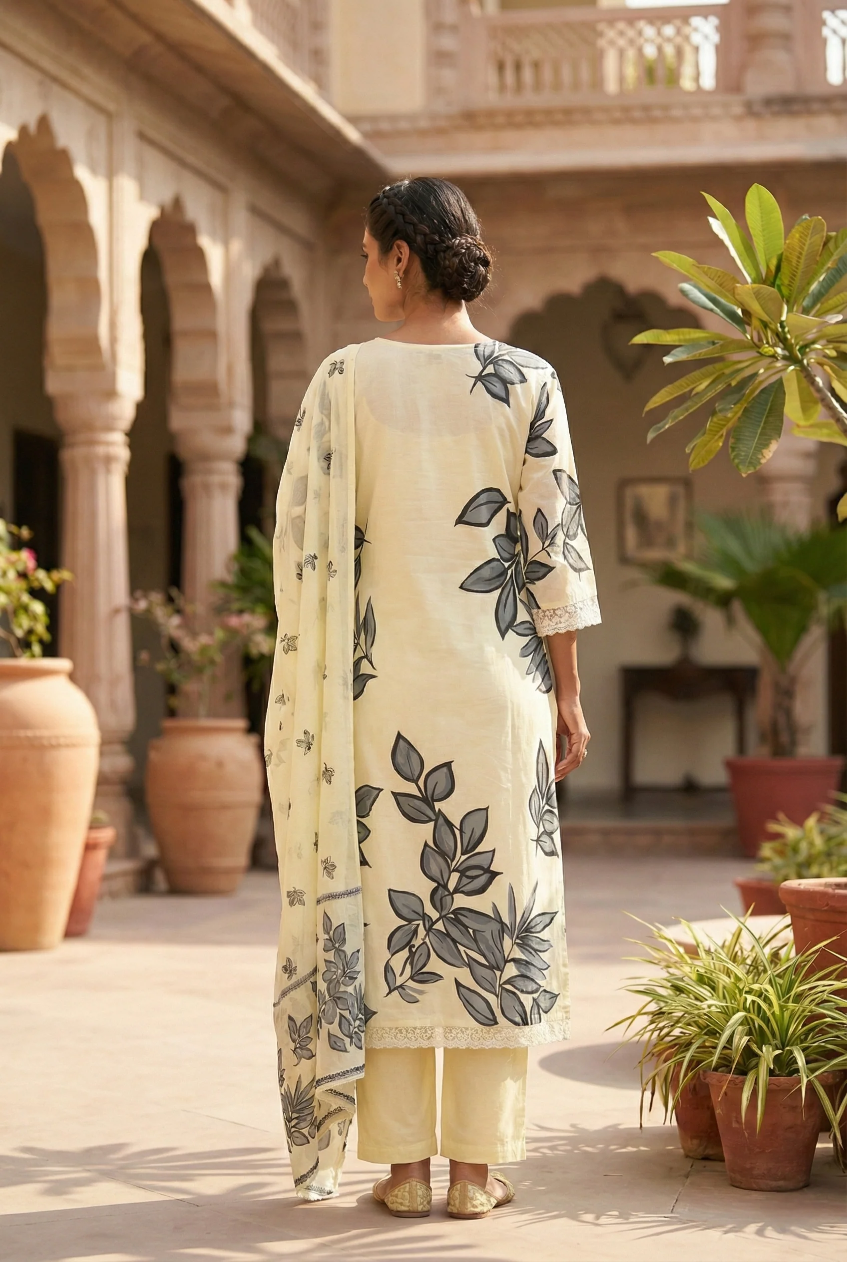 Grey Cotton Beads And Sequins Embroidered Three Piece Set - Image 3