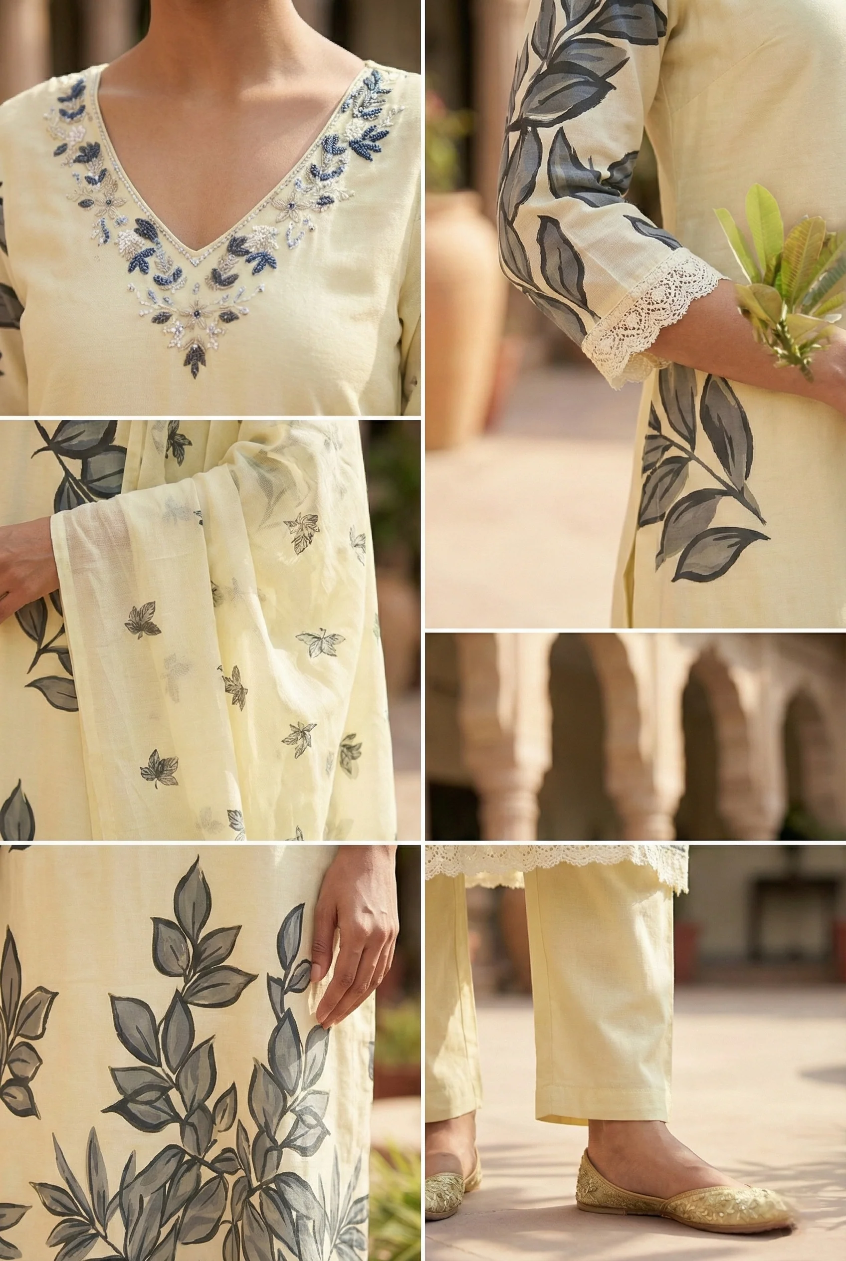 Grey Cotton Beads And Sequins Embroidered Three Piece Set - Image 5