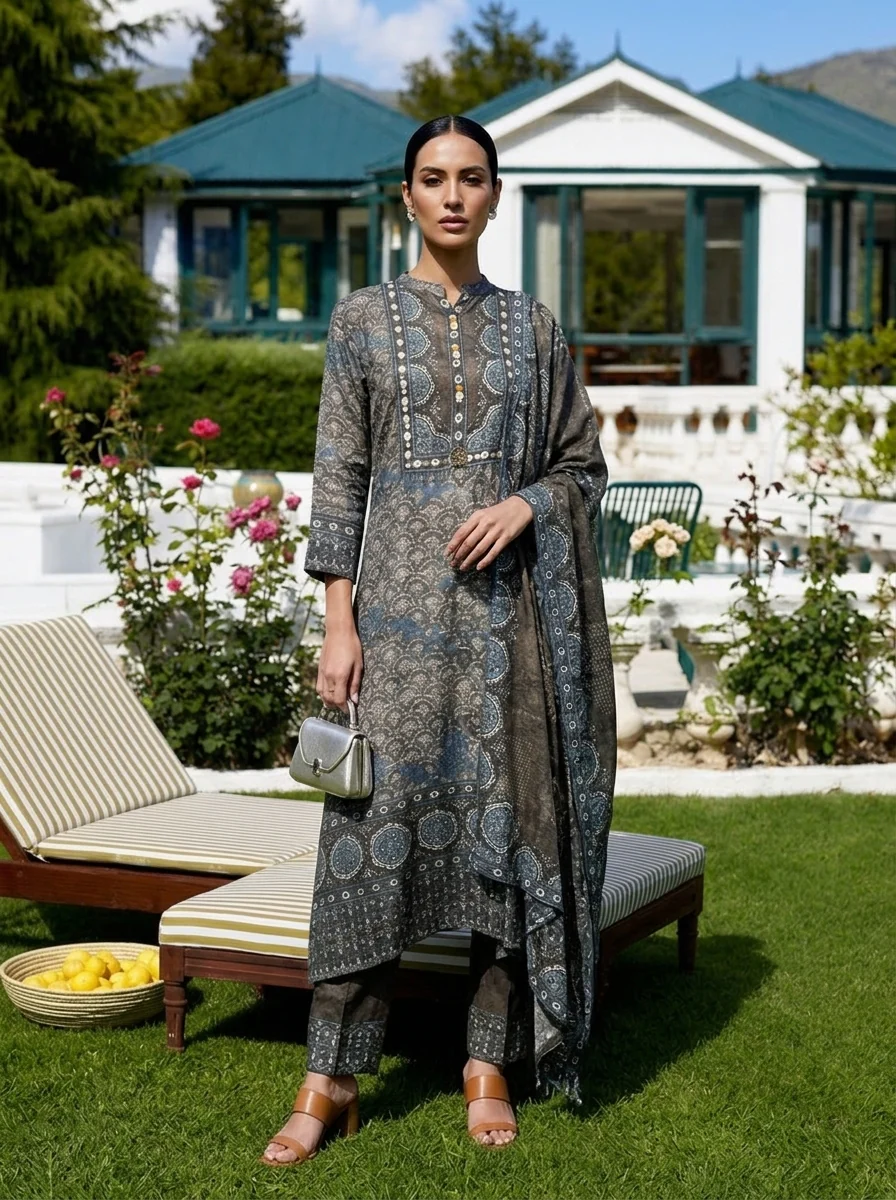 Grey Crepe Ajrakh Printed Three Piece Set - Image 2