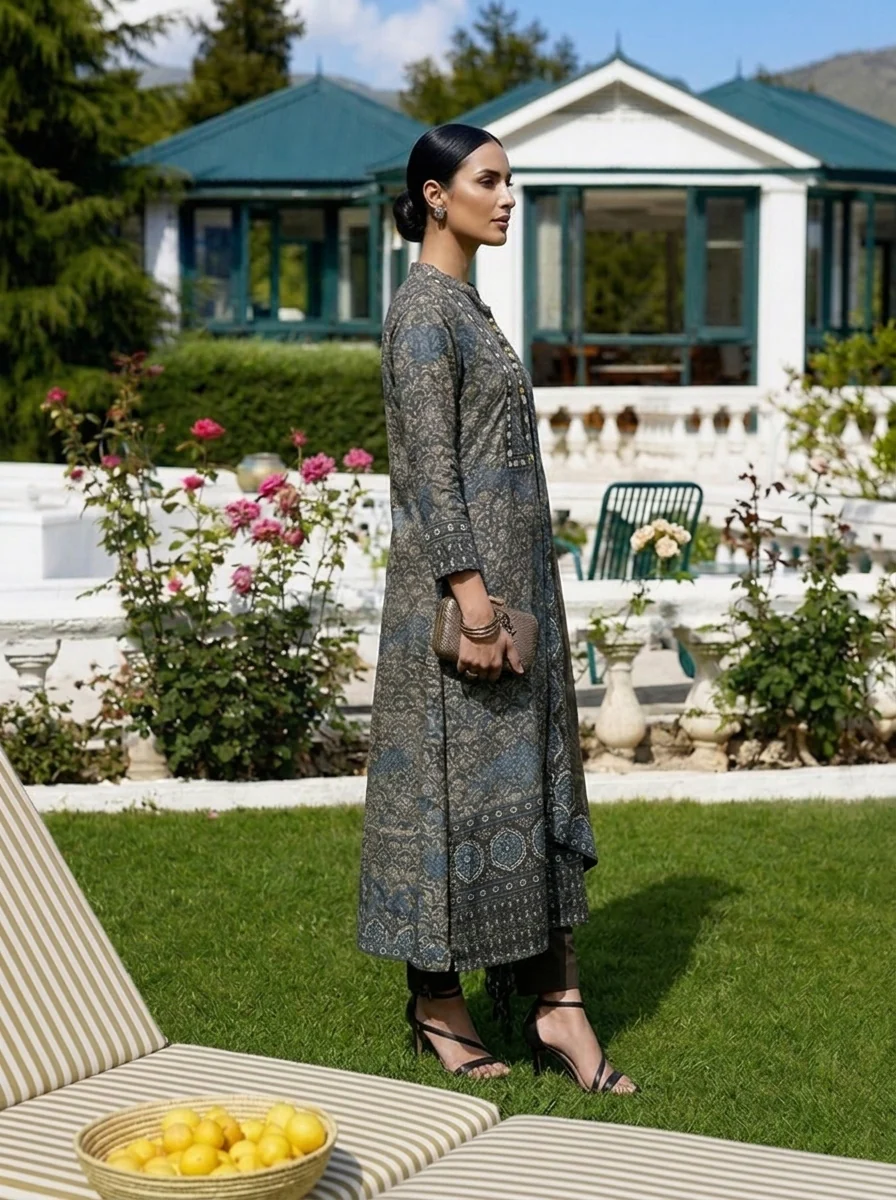 Grey Crepe Ajrakh Printed Three Piece Set - Image 3