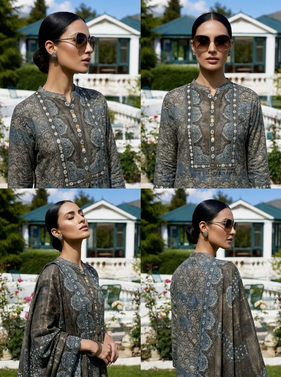 Grey Crepe Ajrakh Printed Three Piece Set - Image 4