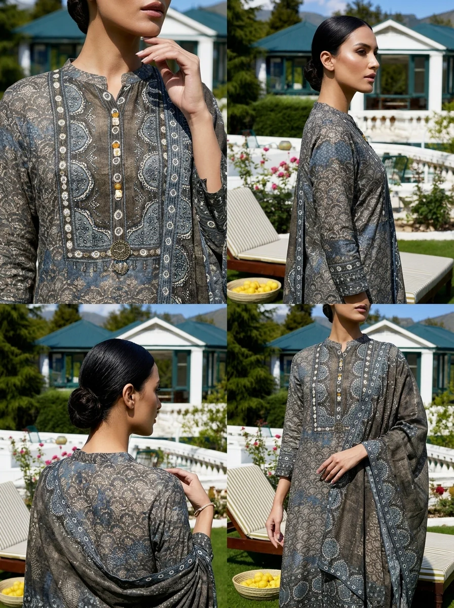 Grey Crepe Ajrakh Printed Three Piece Set - Image 5