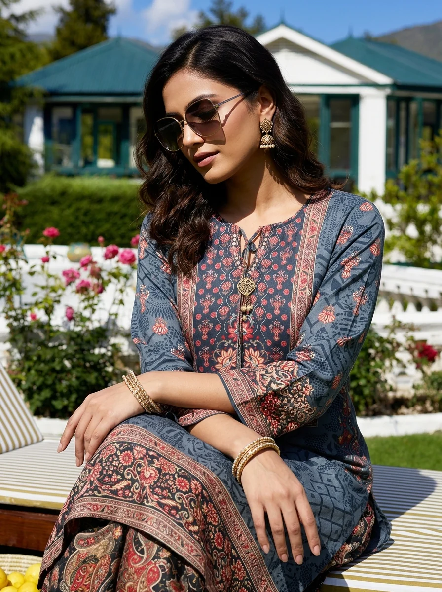 Grey Crepe Ethnic Motif Printed Three Piece Set - Image 3