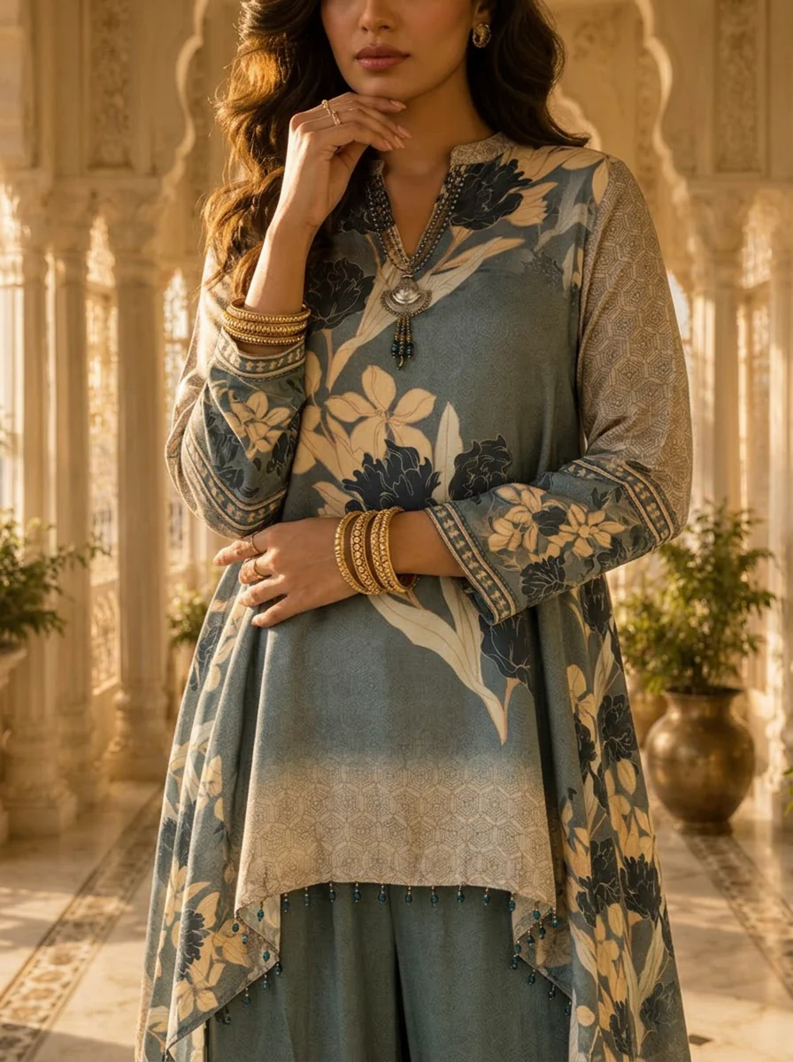 Grey Crepe Floral Printed Co-ord Set - Image 4