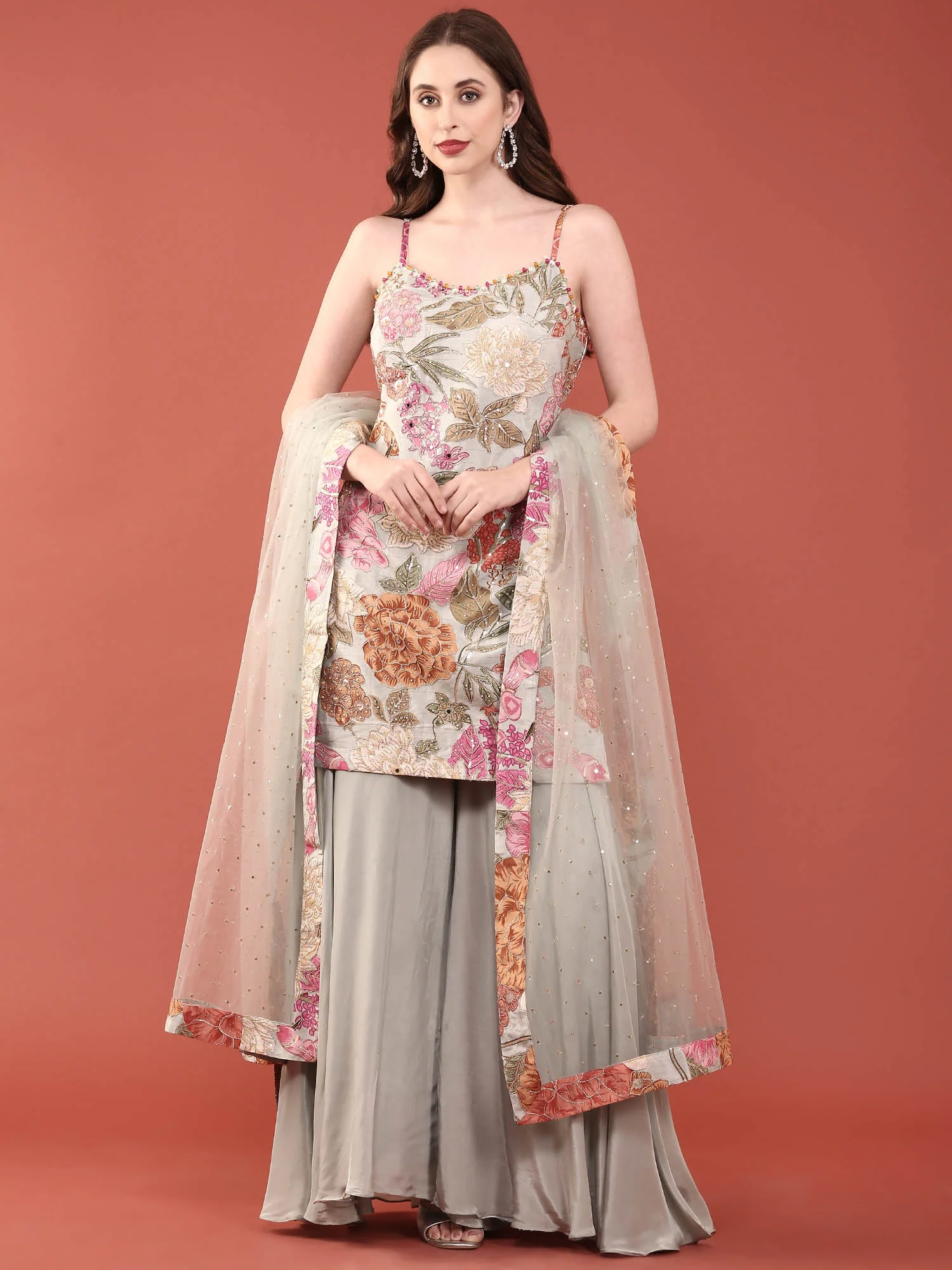 Grey Crepe With Beads And Stones Hand Embroidered Palazzo Set