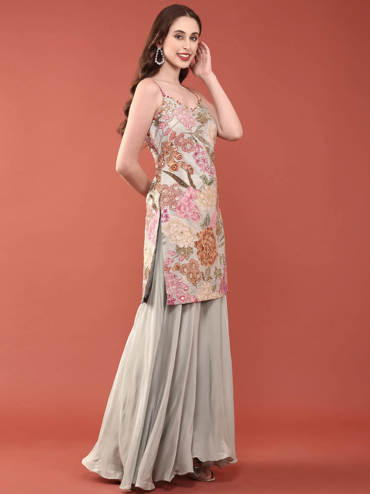 Grey Crepe With Beads And Stones Hand Embroidered Palazzo Set - Image 2