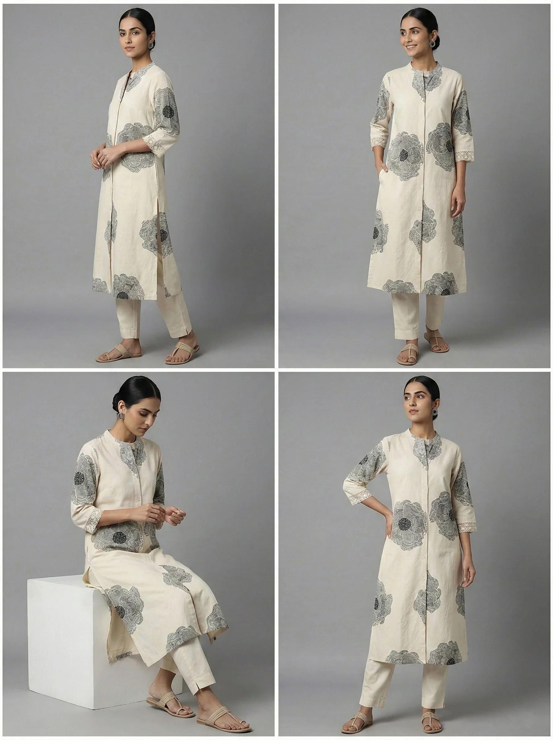 Grey Cotton Floral Digital Print Kurta - Image 3