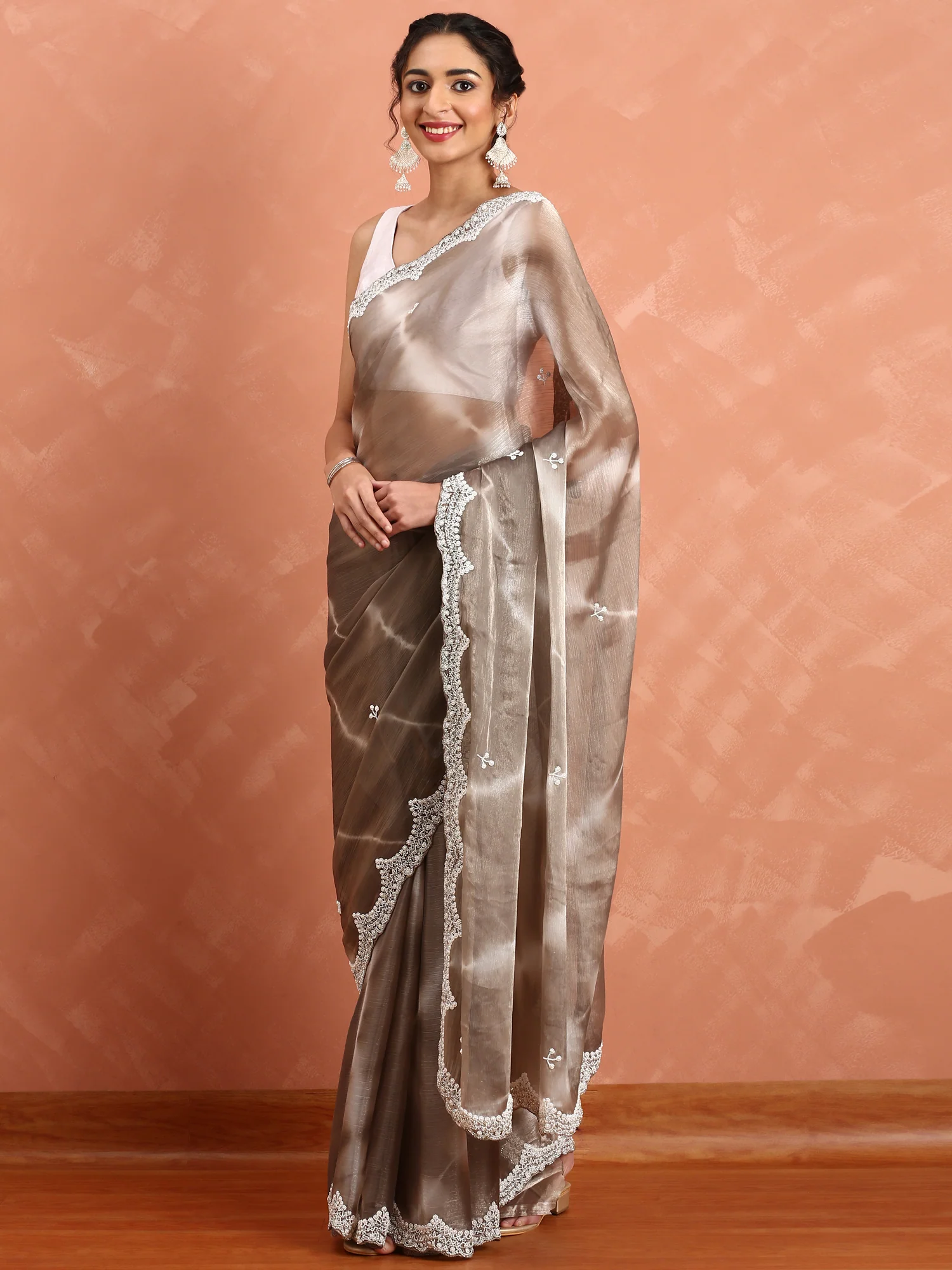 Grey Jimmy organza tie dye hand embroidery saree - Image 4