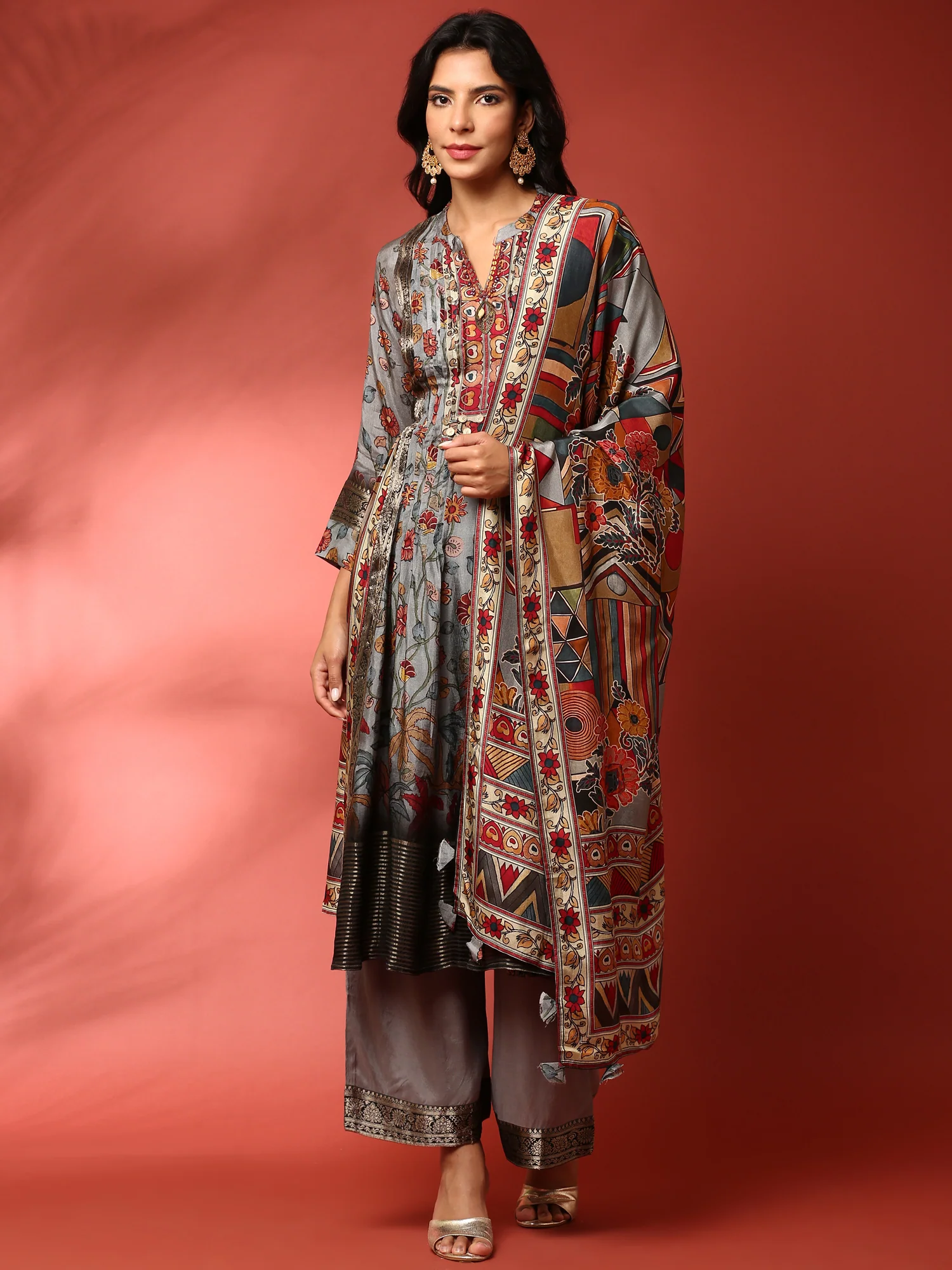 Grey Kalamkari Silk A-line three piece suit set - Image 2