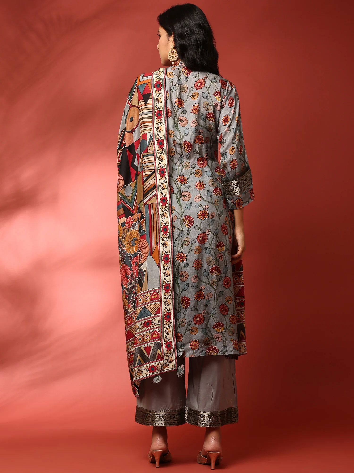 Grey Kalamkari Silk A-line three piece suit set - Image 4