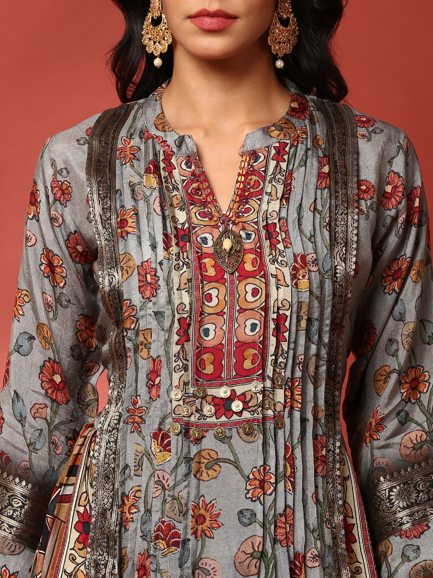 Grey Kalamkari Silk A-line three piece suit set - Image 5