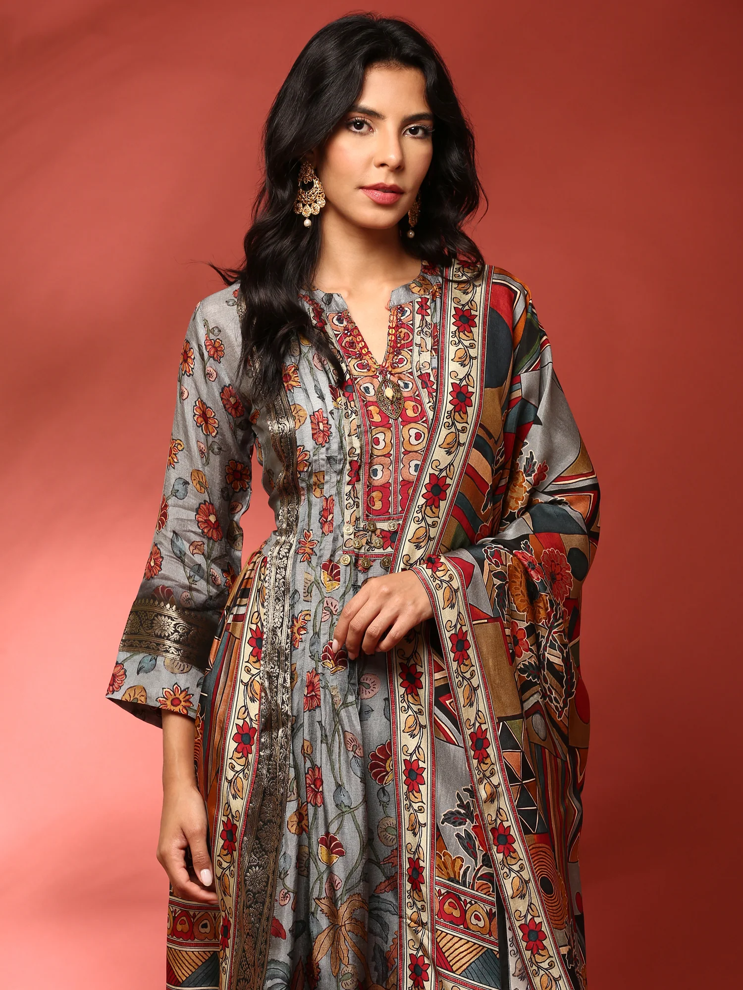 Grey Kalamkari Silk A-line three piece suit set - Image 6