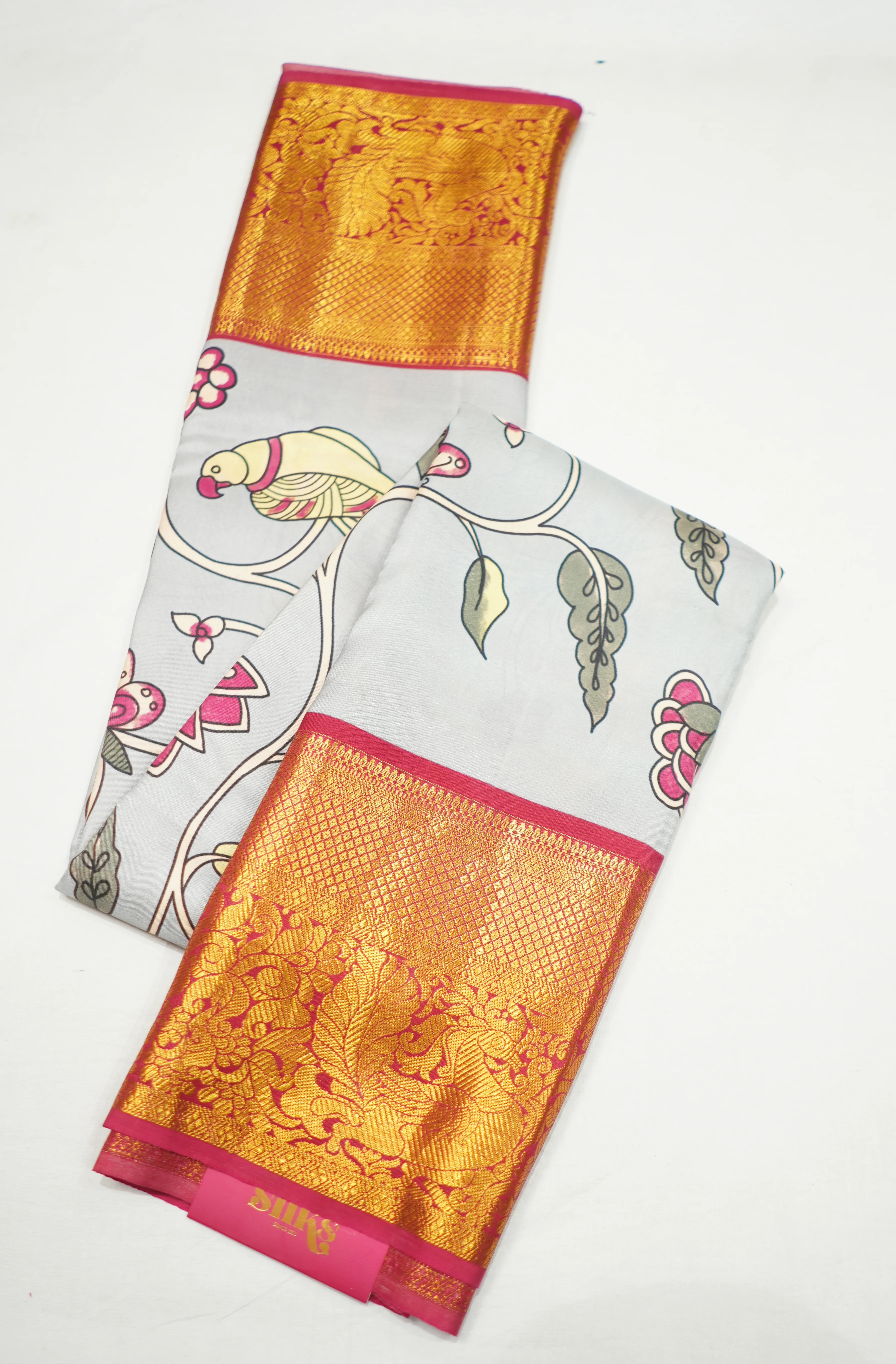 Grey Kanchi Handloom Saree With Kalamkari Design - Image 3