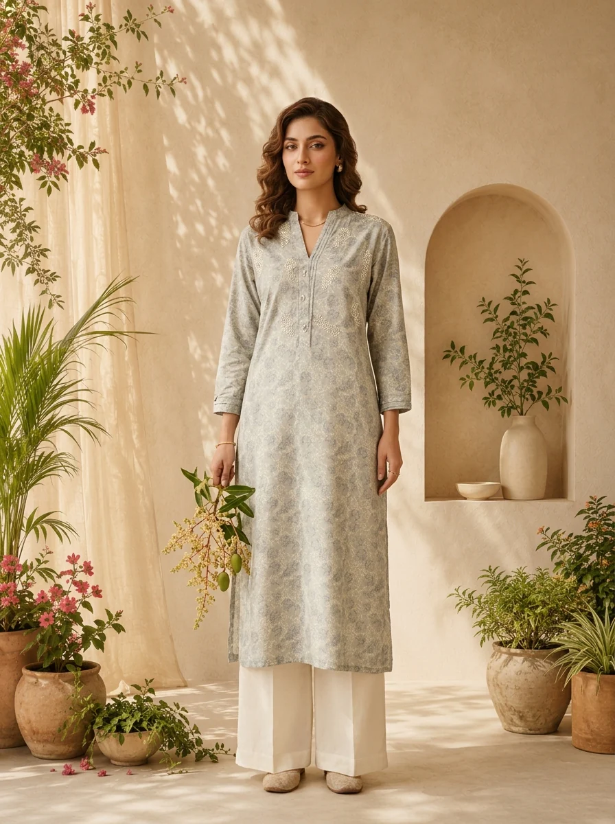 Grey Linen Beads And Patch Embroidery Kurta - Image 2