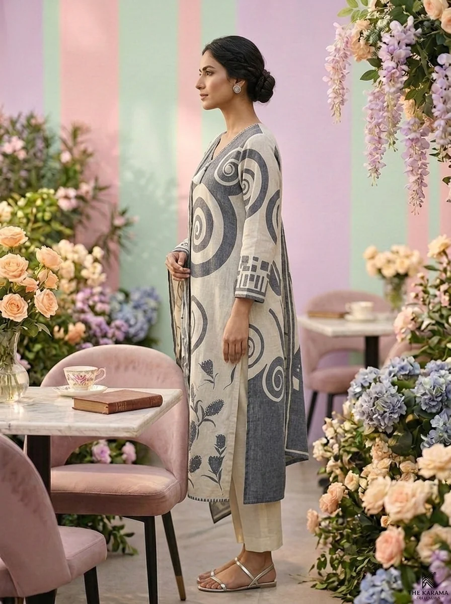 Grey Linen Printed Three Piece Set - Image 2