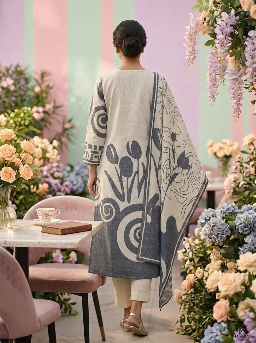 Grey Linen Printed Three Piece Set - Image 3
