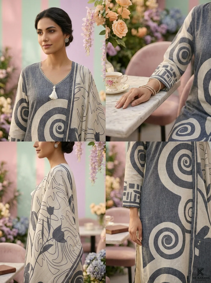 Grey Linen Printed Three Piece Set - Image 4