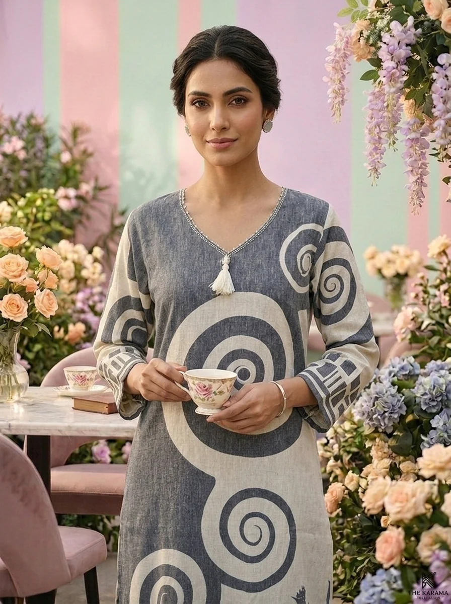 Grey Linen Printed Three Piece Set - Image 5