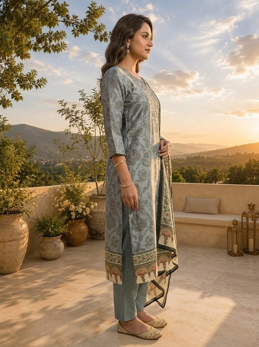 Grey Linen Tonal Floral Printed Three Piece Set - Image 3