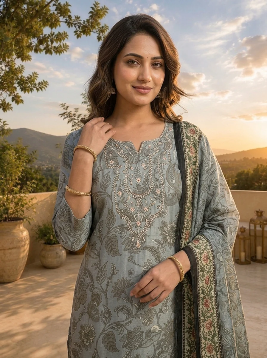 Grey Linen Tonal Floral Printed Three Piece Set - Image 4