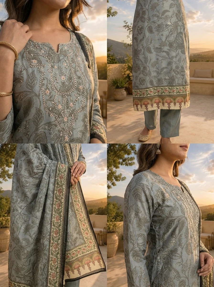 Grey Linen Tonal Floral Printed Three Piece Set - Image 5