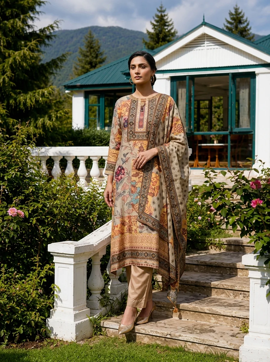 Grey Muslin Floral Printed Three Piece Set - Image 2