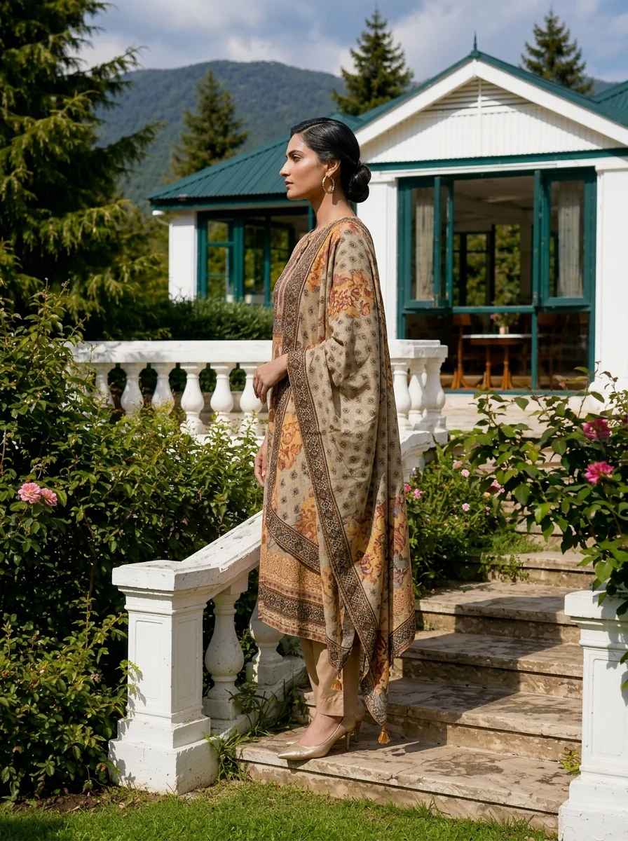 Grey Muslin Floral Printed Three Piece Set - Image 4