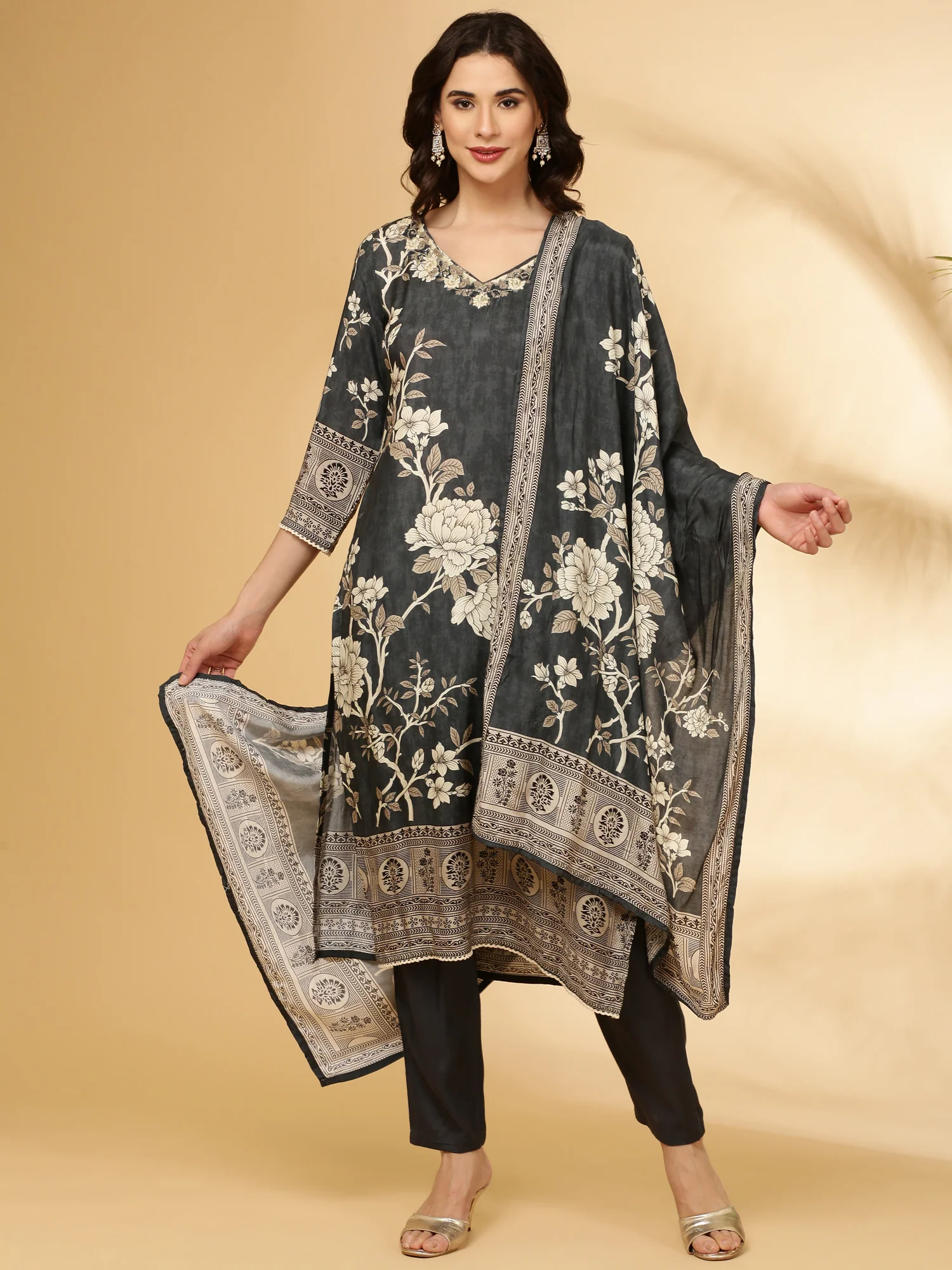 Grey Muslin Floral Printed Three Piece Set