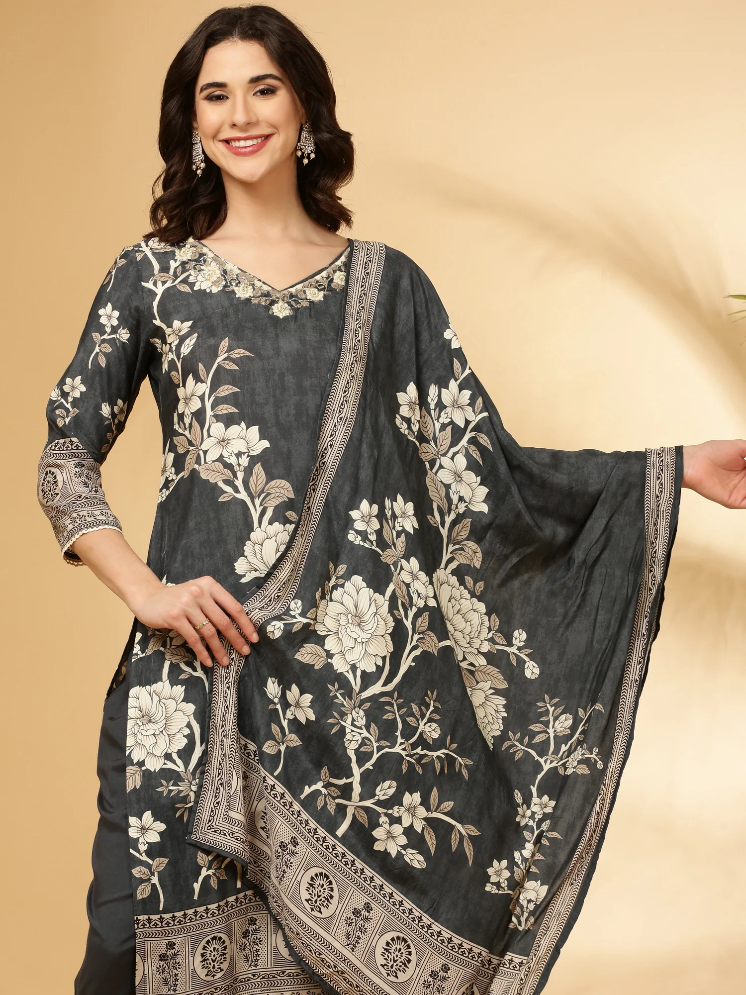 Grey Muslin Floral Printed Three Piece Set - Image 2