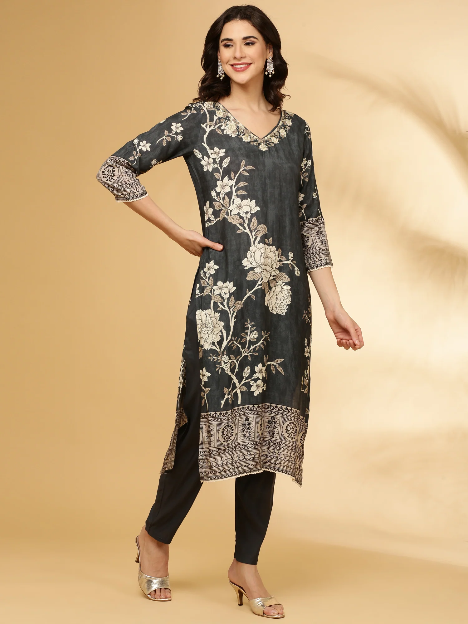 Grey Muslin Floral Printed Three Piece Set - Image 3