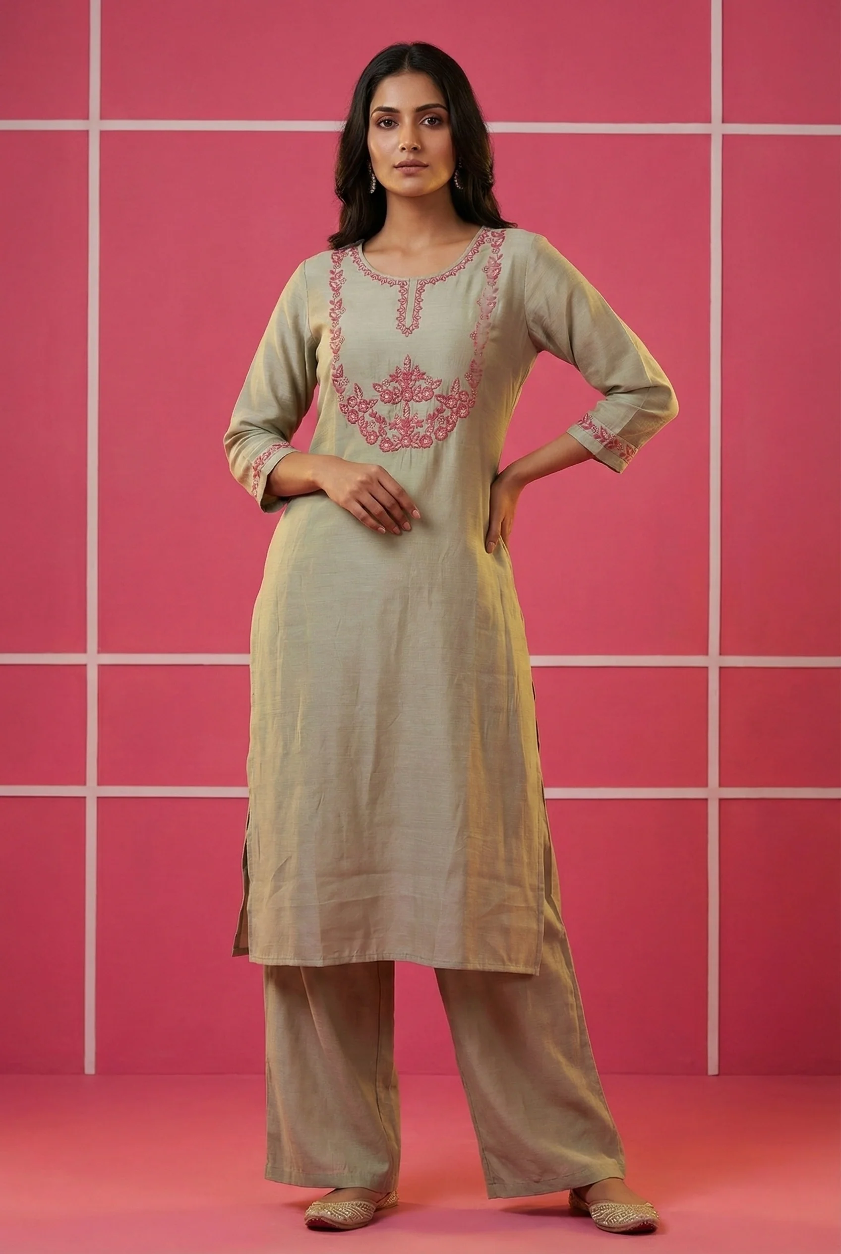 Grey Muslin Hand Embroidered Two Piece Set