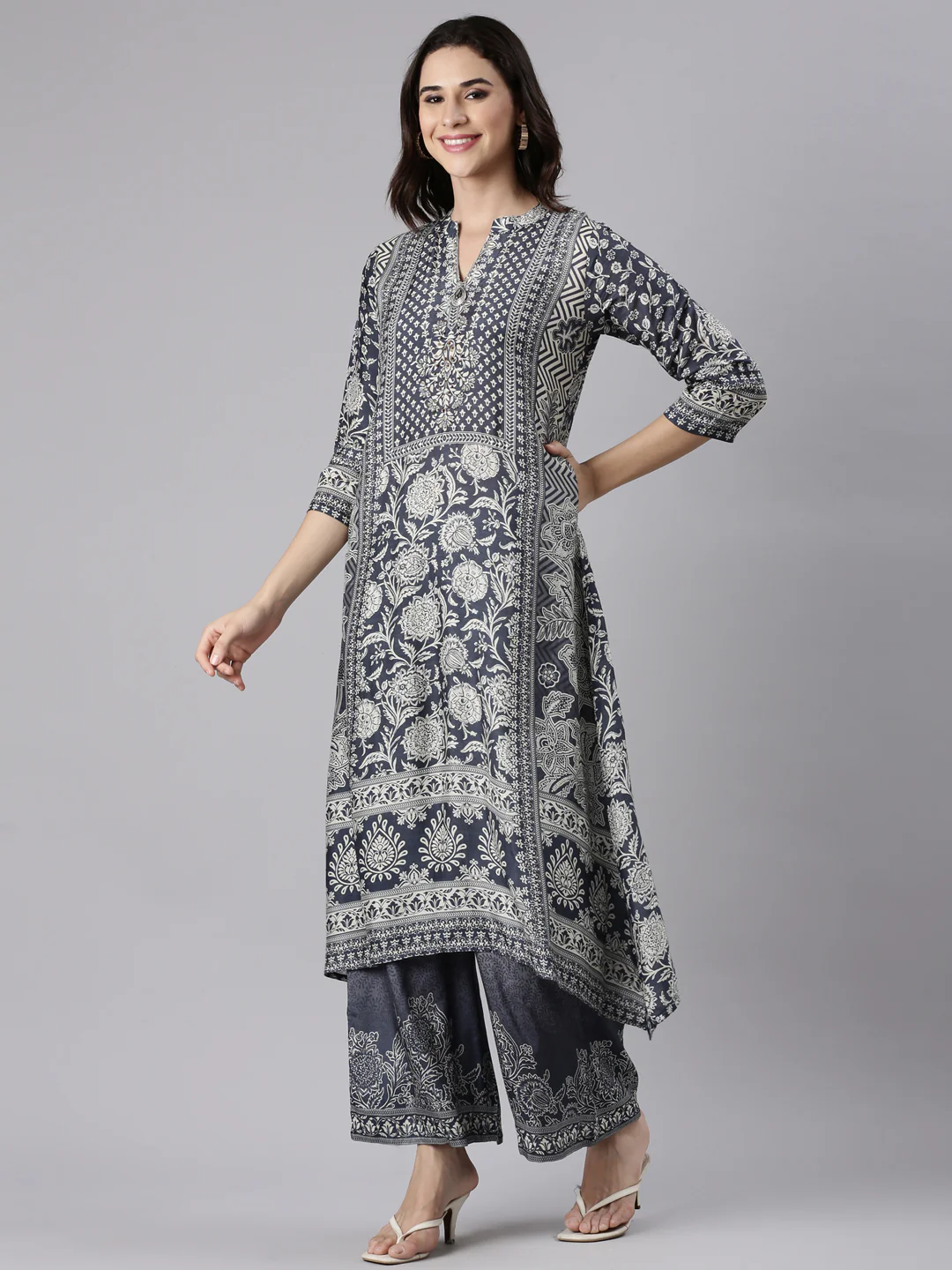 Grey Muslin Printed A-Line Three Piece Set - Image 2