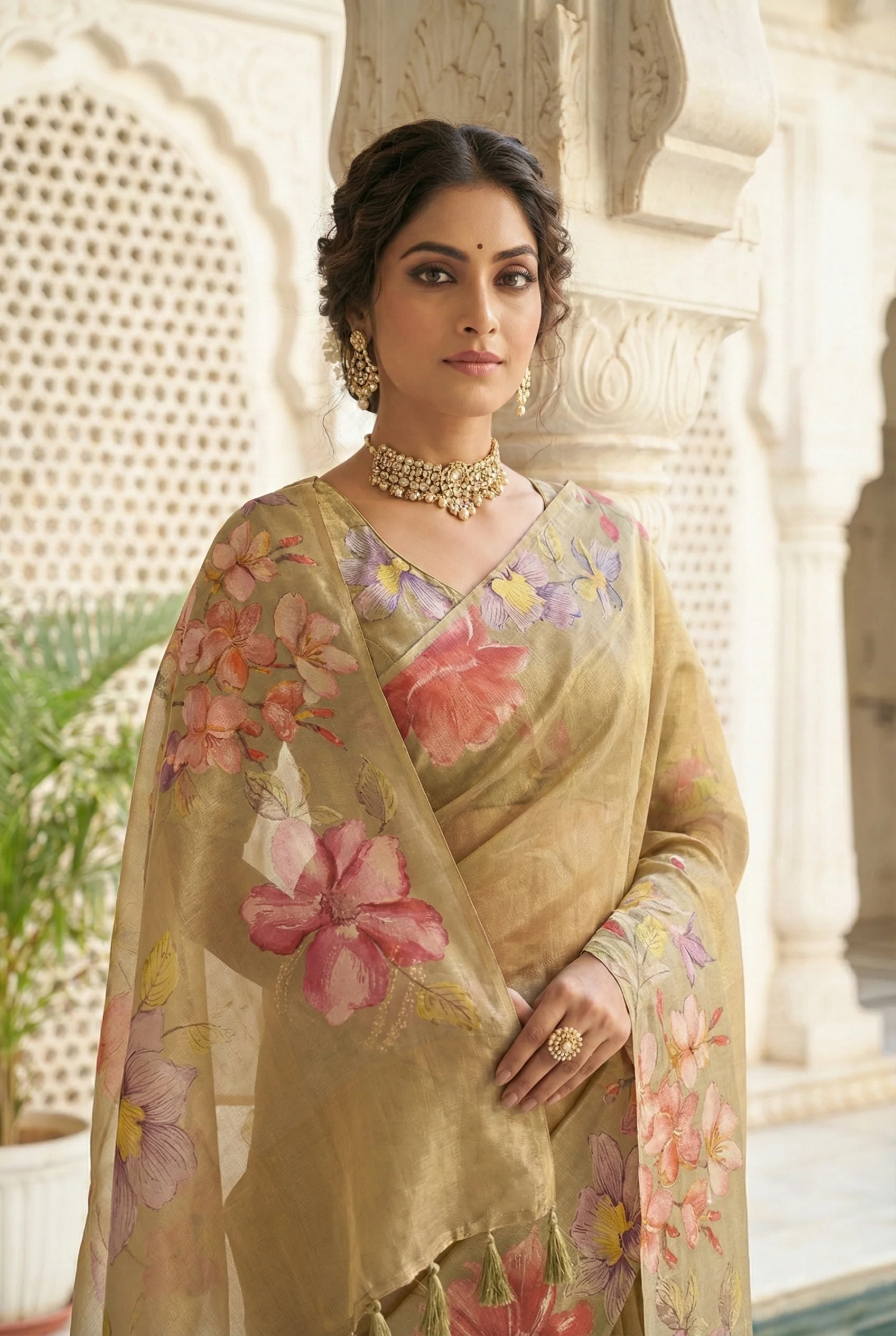 Grey Organza Floral Printed Saree - Image 2