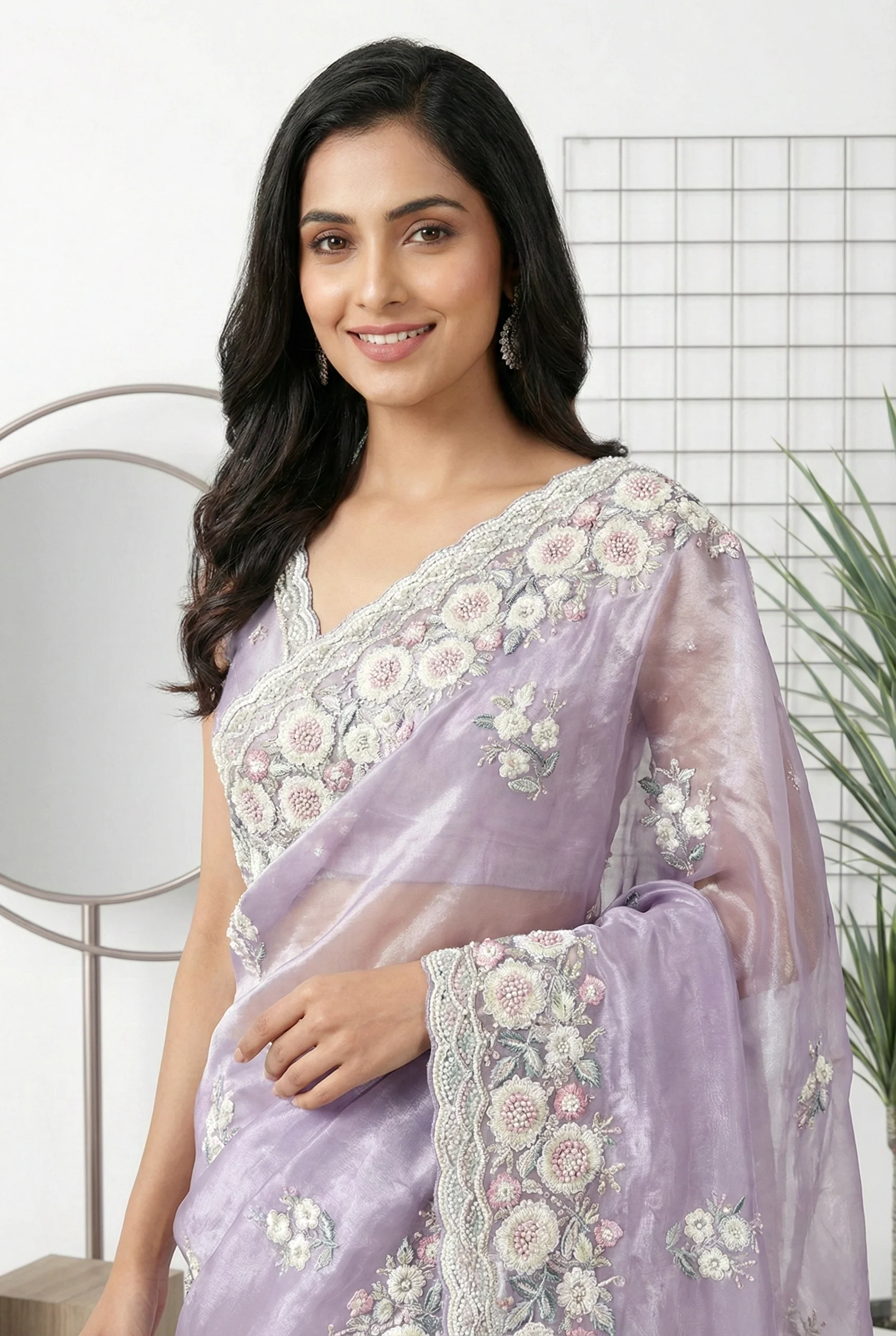 Grey Organza Heavy Floral Embroidered Saree - Image 2