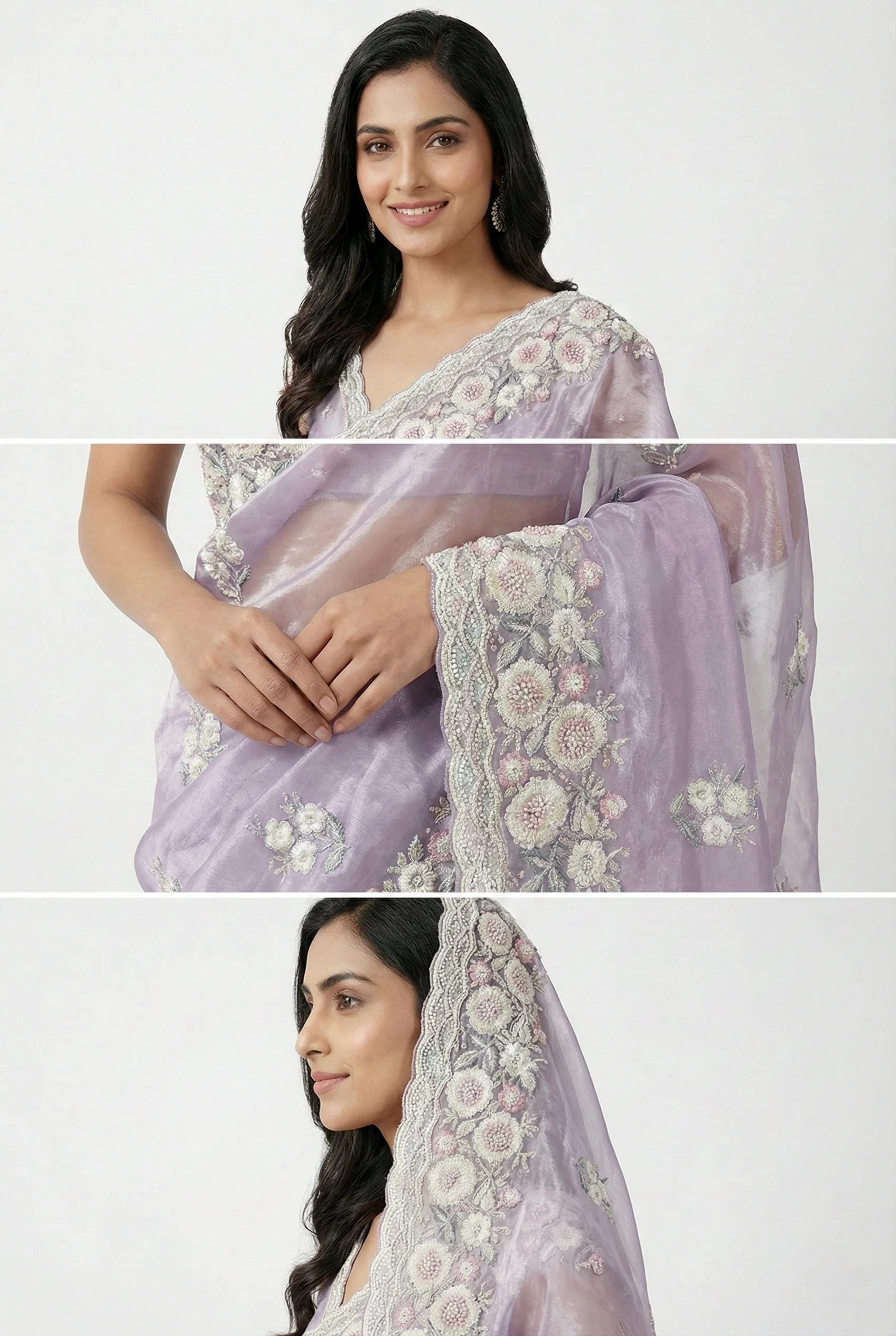 Grey Organza Heavy Floral Embroidered Saree - Image 3