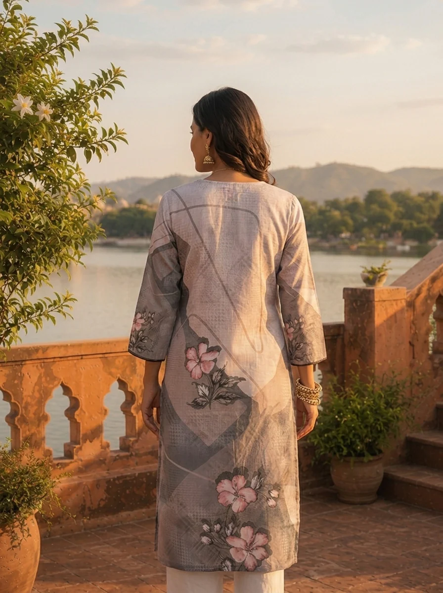 Grey Rayon Taupe Abstract Printed Kurta - Image 4