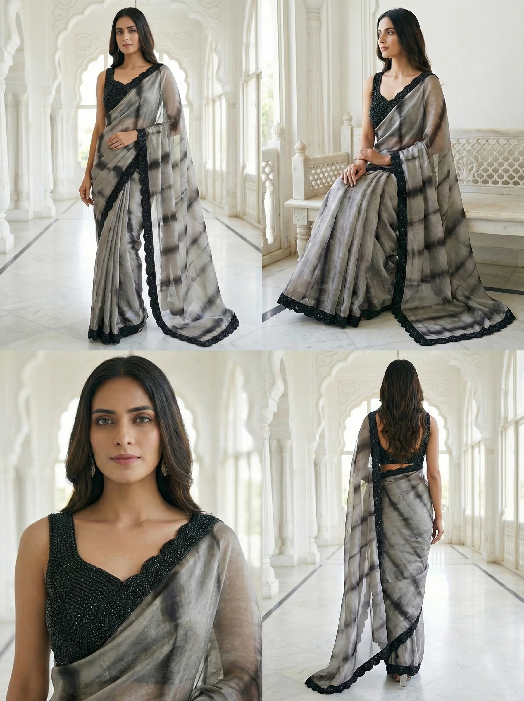 Grey Satin Digital Print Saree With Readymade Blouse - Image 3