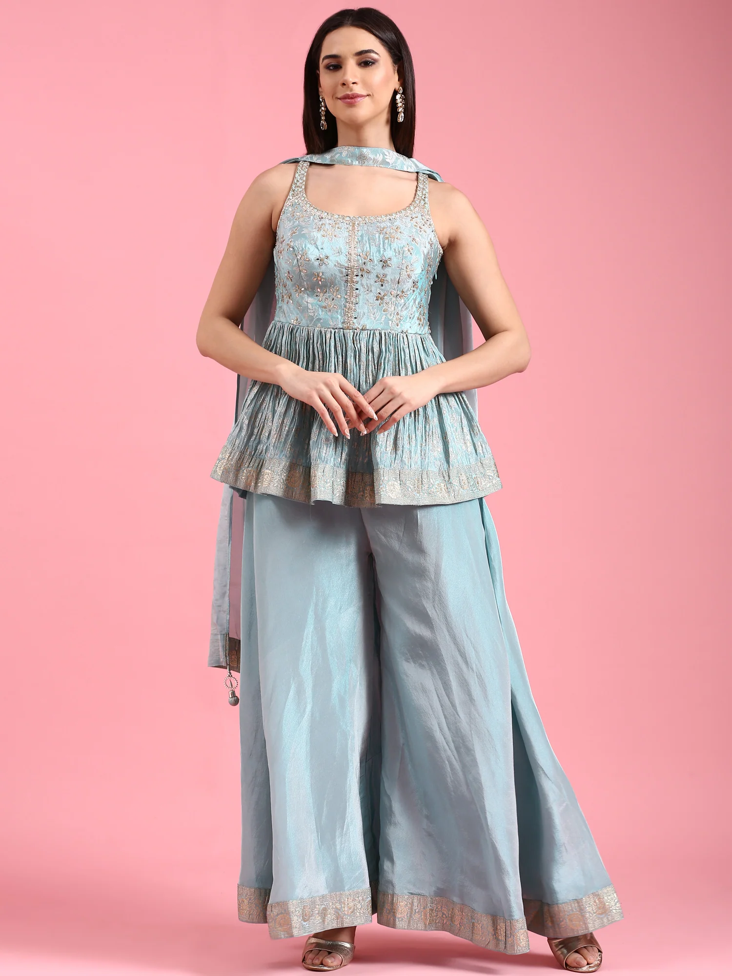 Ice Blue Banaras Silk Embroidery Peplum Palazzo - Image 2