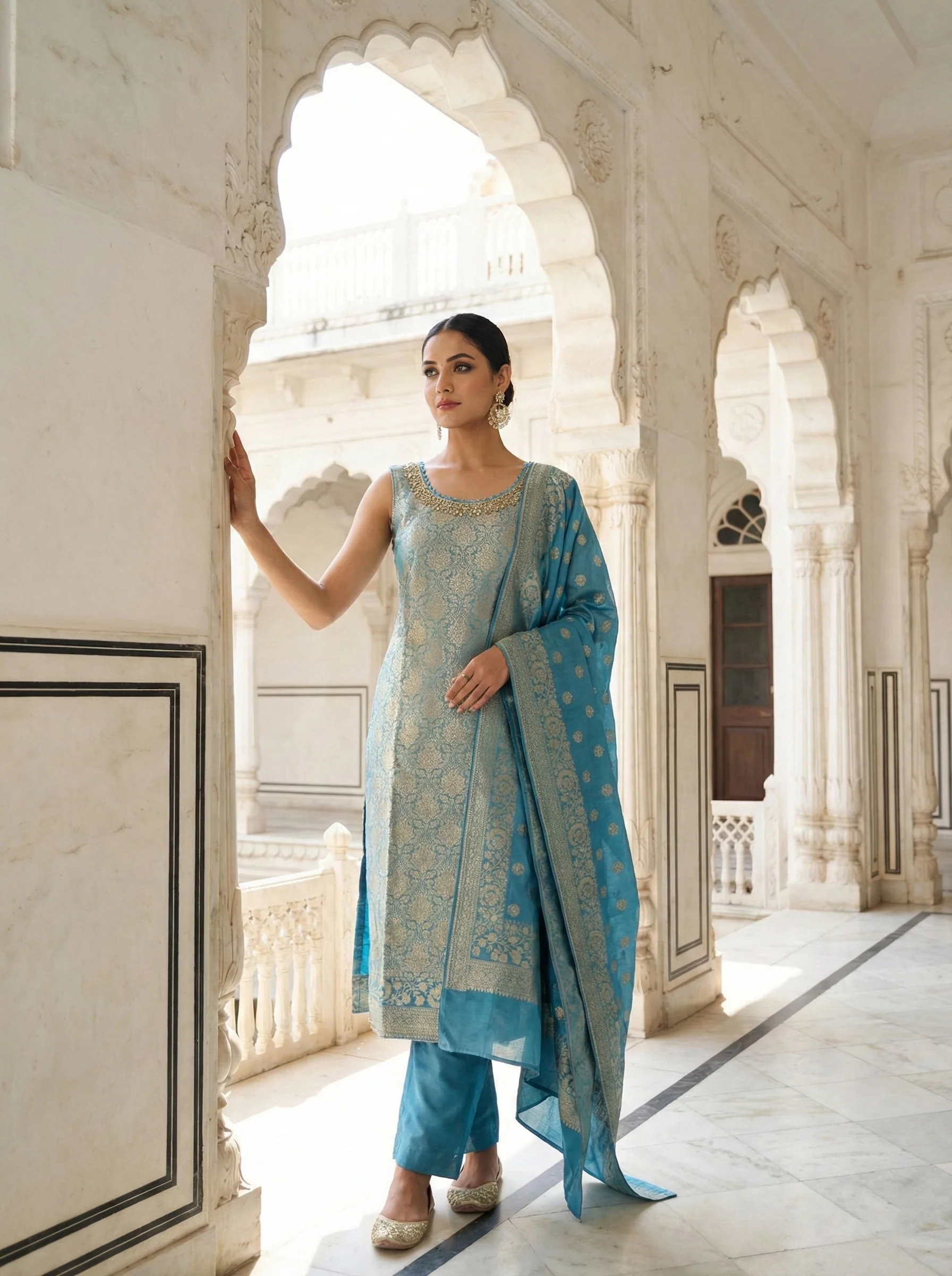 Ice Blue Banarasi Hand Embroidery Three Piece Set - Image 2