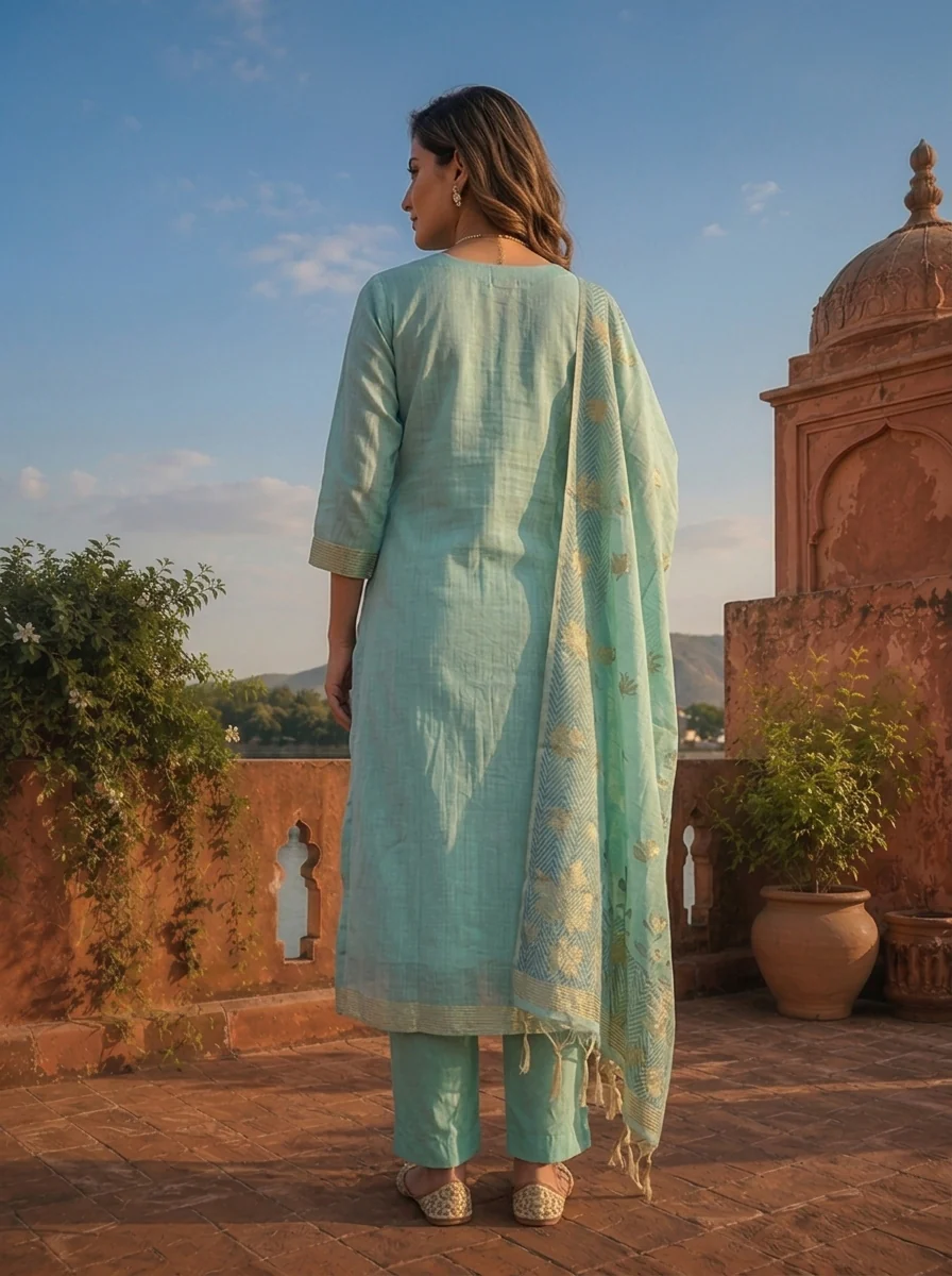 Ice Blue Chanderi Silk Maple Leaf Weaved Three Piece Set - Image 2
