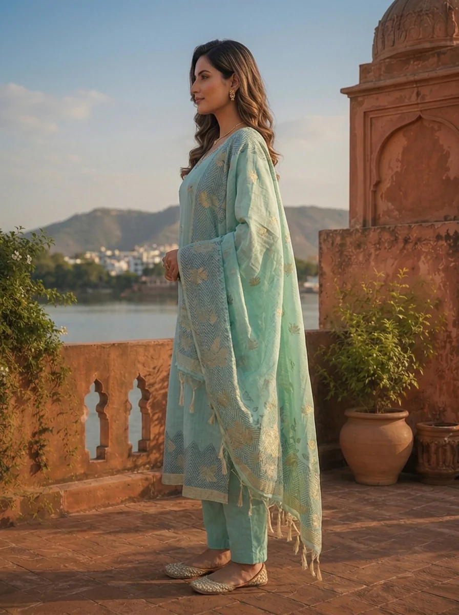 Ice Blue Chanderi Silk Maple Leaf Weaved Three Piece Set - Image 3