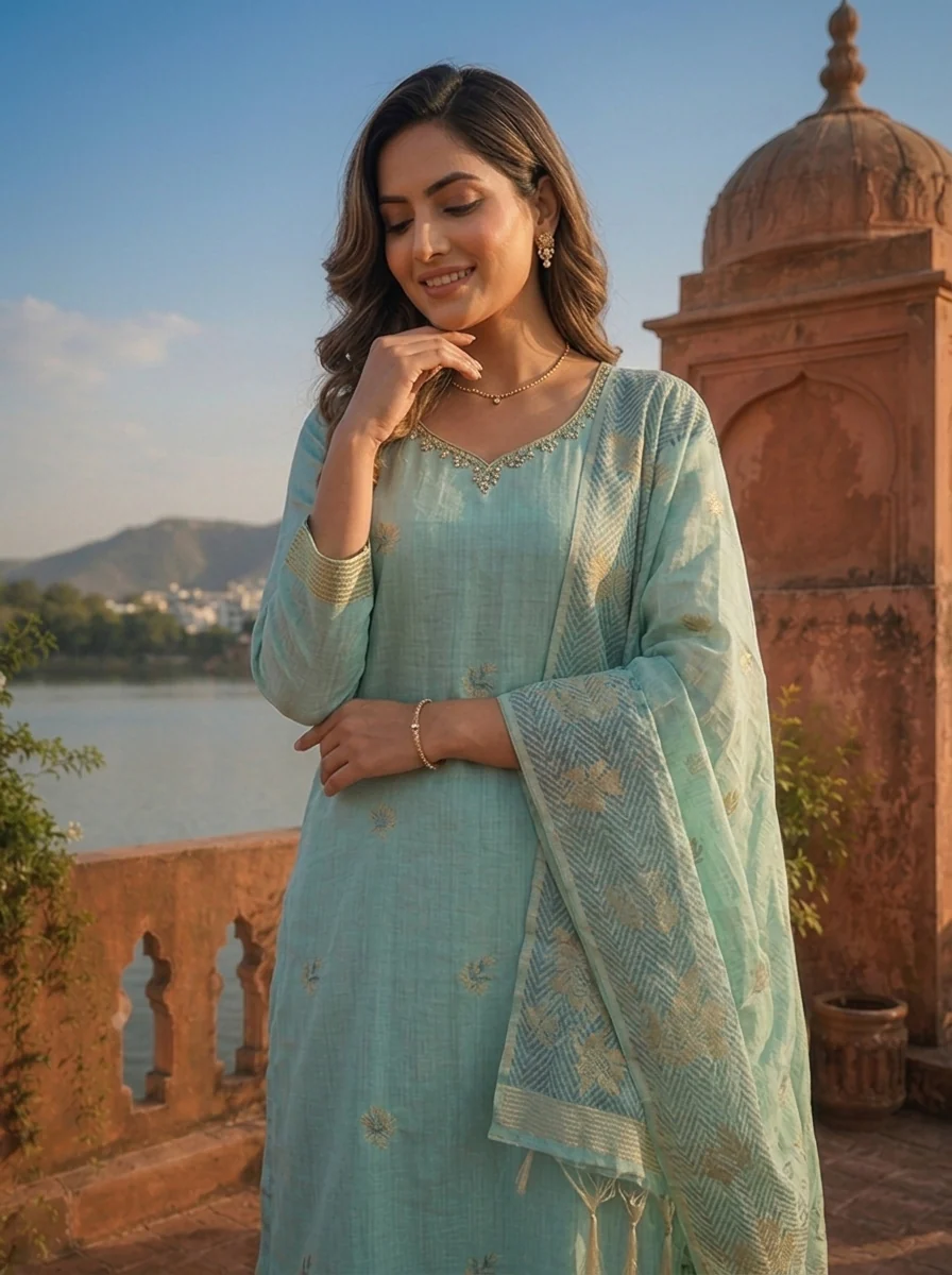 Ice Blue Chanderi Silk Maple Leaf Weaved Three Piece Set - Image 4