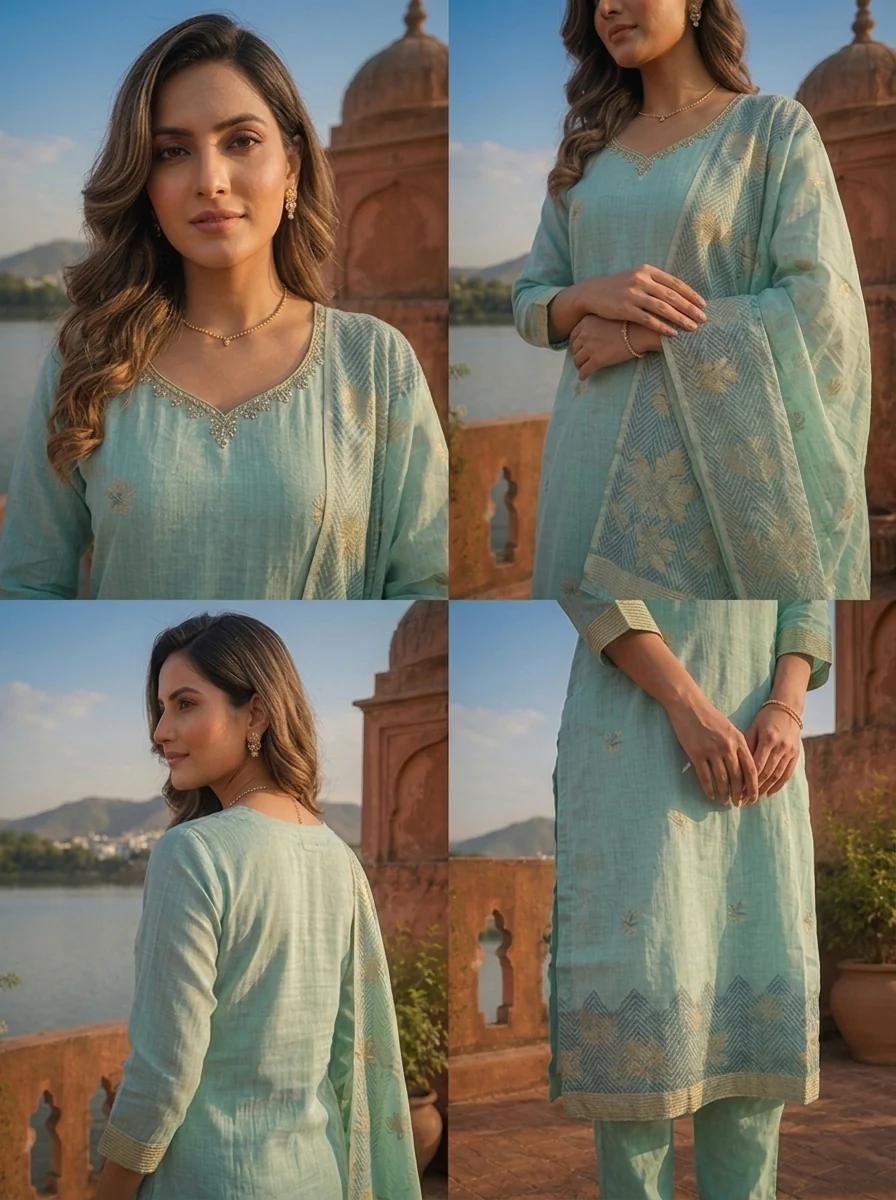 Ice Blue Chanderi Silk Maple Leaf Weaved Three Piece Set - Image 5