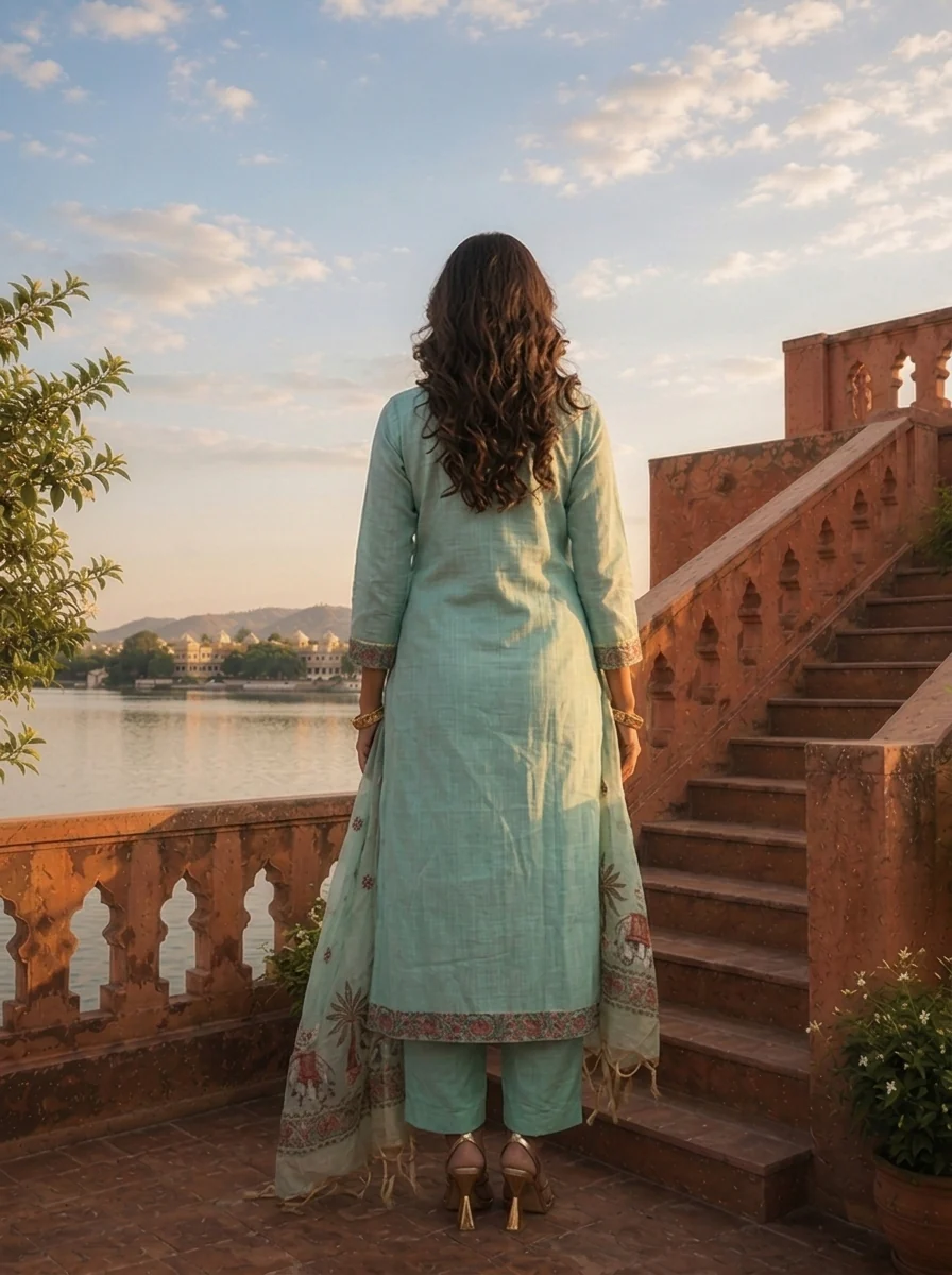 Ice Blue Chanderi Silk Pichwai Motif Weaved Three Piece Set - Image 3