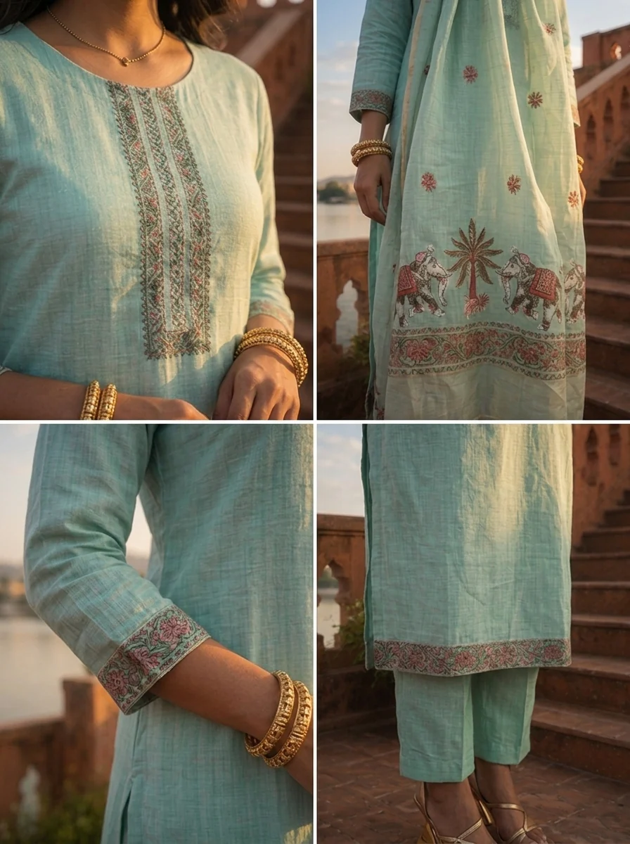 Ice Blue Chanderi Silk Pichwai Motif Weaved Three Piece Set - Image 4