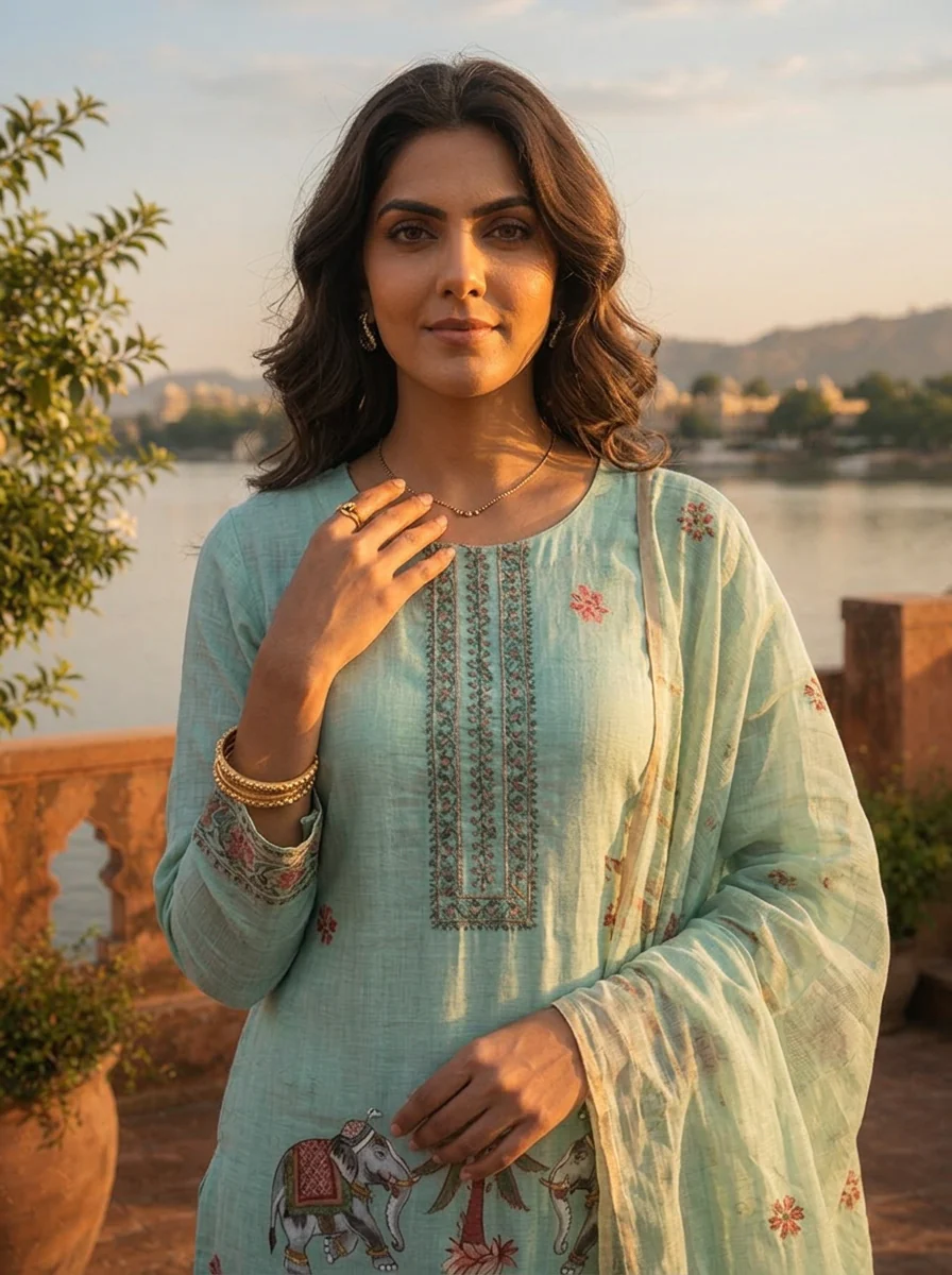 Ice Blue Chanderi Silk Pichwai Motif Weaved Three Piece Set - Image 5