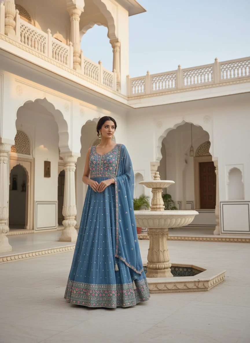 Ice Blue Chinnon Hand Embroidered Anarkali Set - Image 3