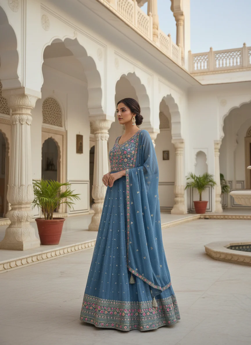 Ice Blue Chinnon Hand Embroidered Anarkali Set - Image 4