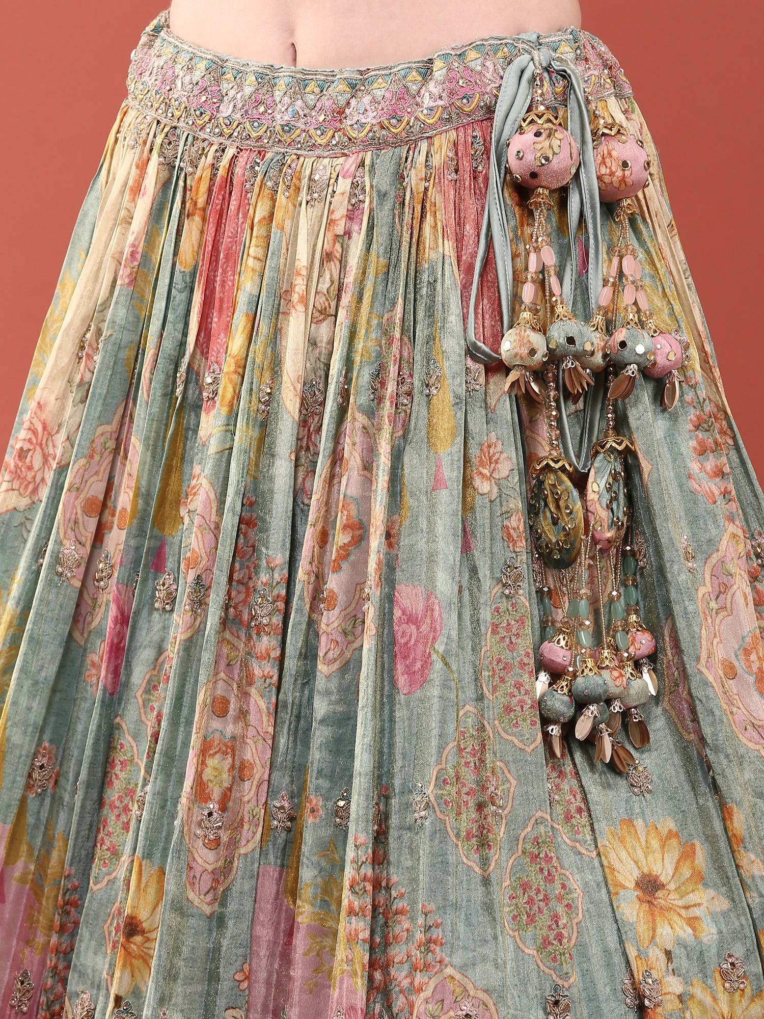 Ice Blue Crepe With Digital Print And Embroidered Ghagra Set - Image 7